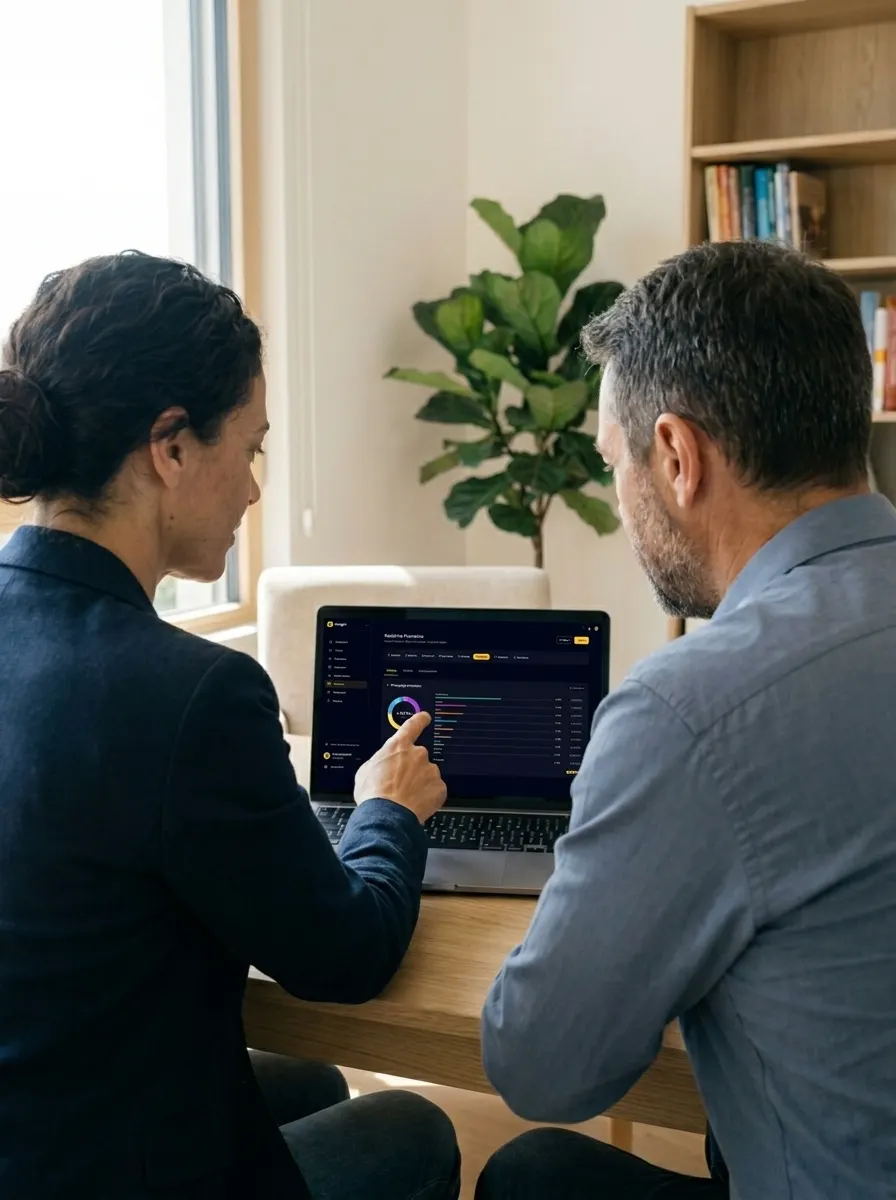 Planejadora apresentando o plano financeiro para um cliente