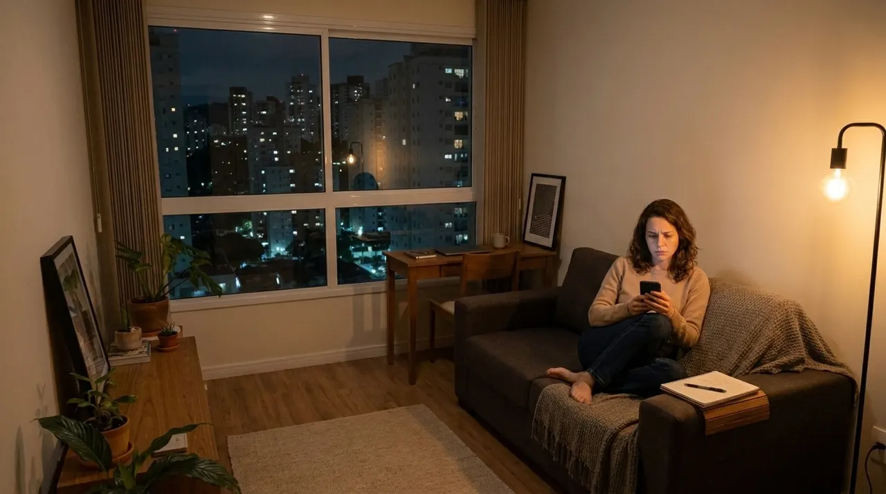 Mulher preocupada olhando o celular à noite