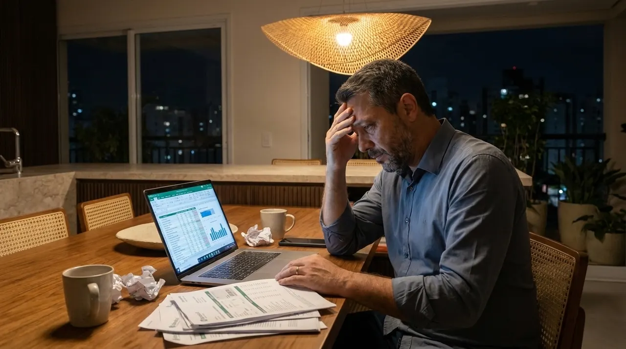Homem cansado revisando contas à noite