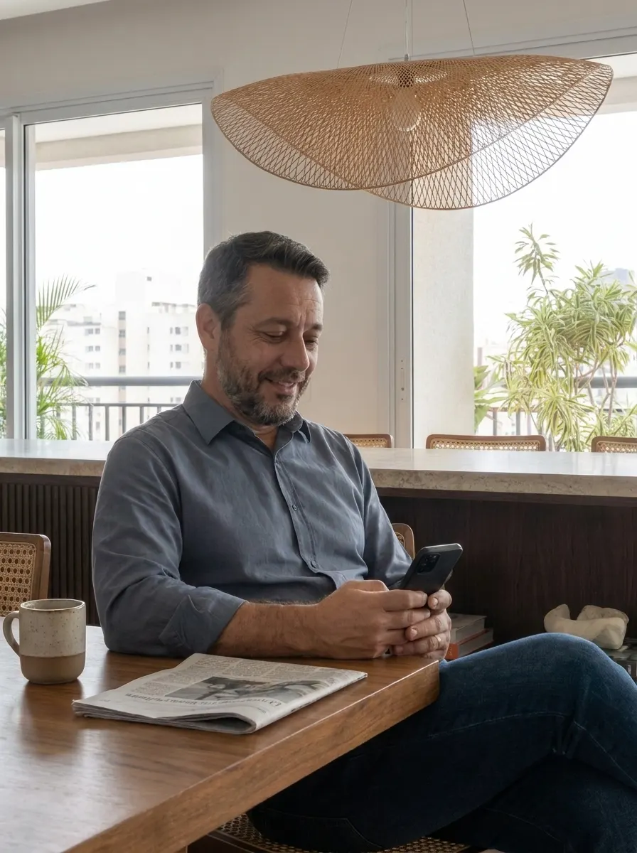 Homem tranquilo checando as finanças no celular pela manhã